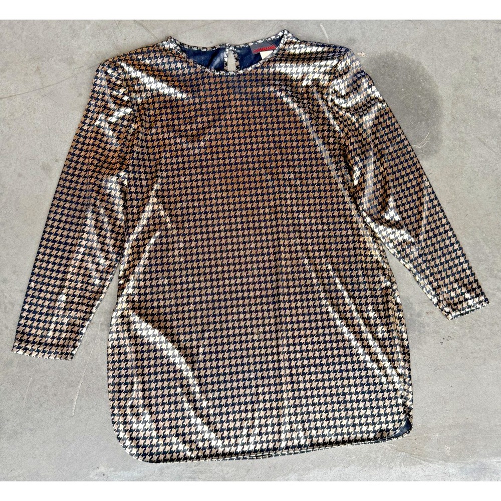 VTG Casablanca Womens Sz 12 Blouse Silver Black Houndstooth 1980s GoGo Club